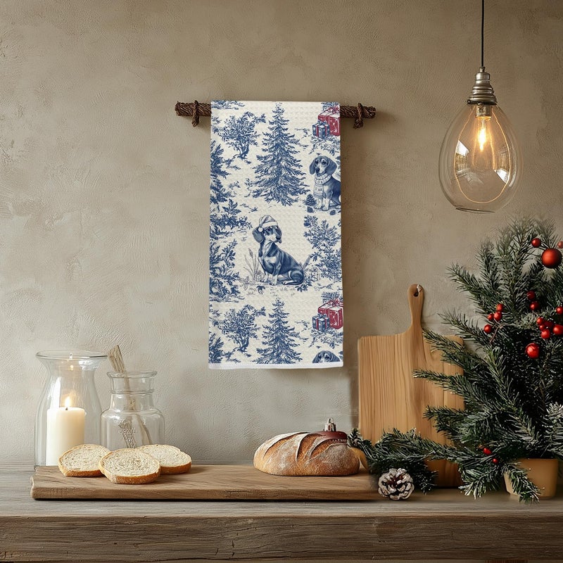 EKGJW Blue Dachshund Christmas Kitchen Towels,Vintage Dog Lover Gifts Dish Tea Towels for Kitchen,French Chinoiserie Holiday Decorative Hand Towel for Bathroom, 16x24 Inch - Image 4